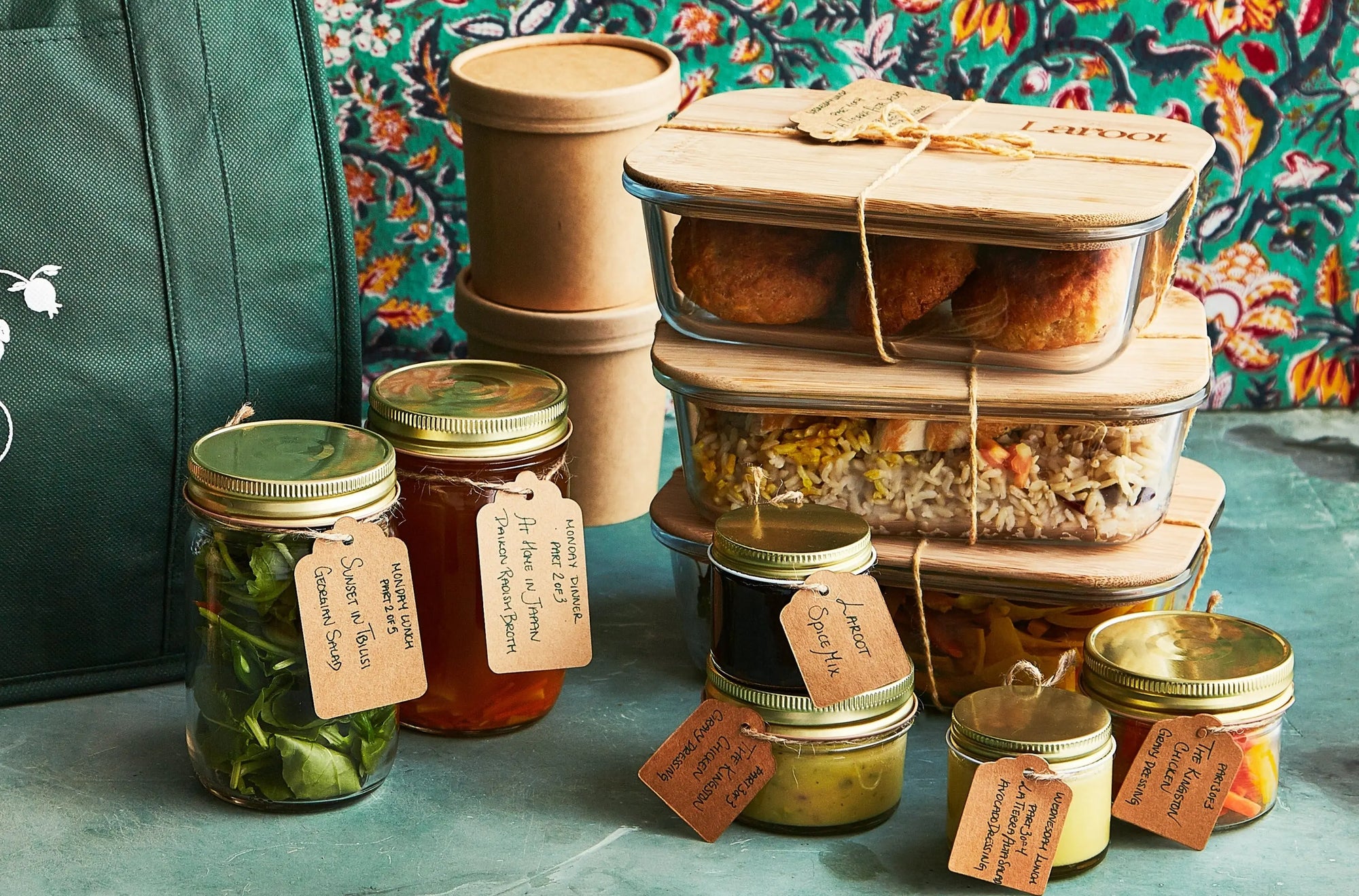 A table of jars and containers with organic, local, gluten free New York City flexitarian, pescatarian, carnitarian, vegan, and vegetarian meal delivery service food 